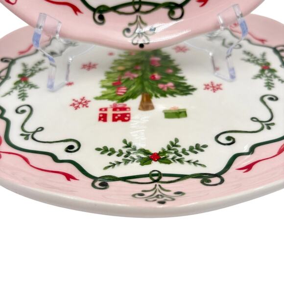 4 Potter's Studio CHRISTMAS TREE PINK Salad Plates 9in Ceramic Bows Holiday New - Picture 14 of 16